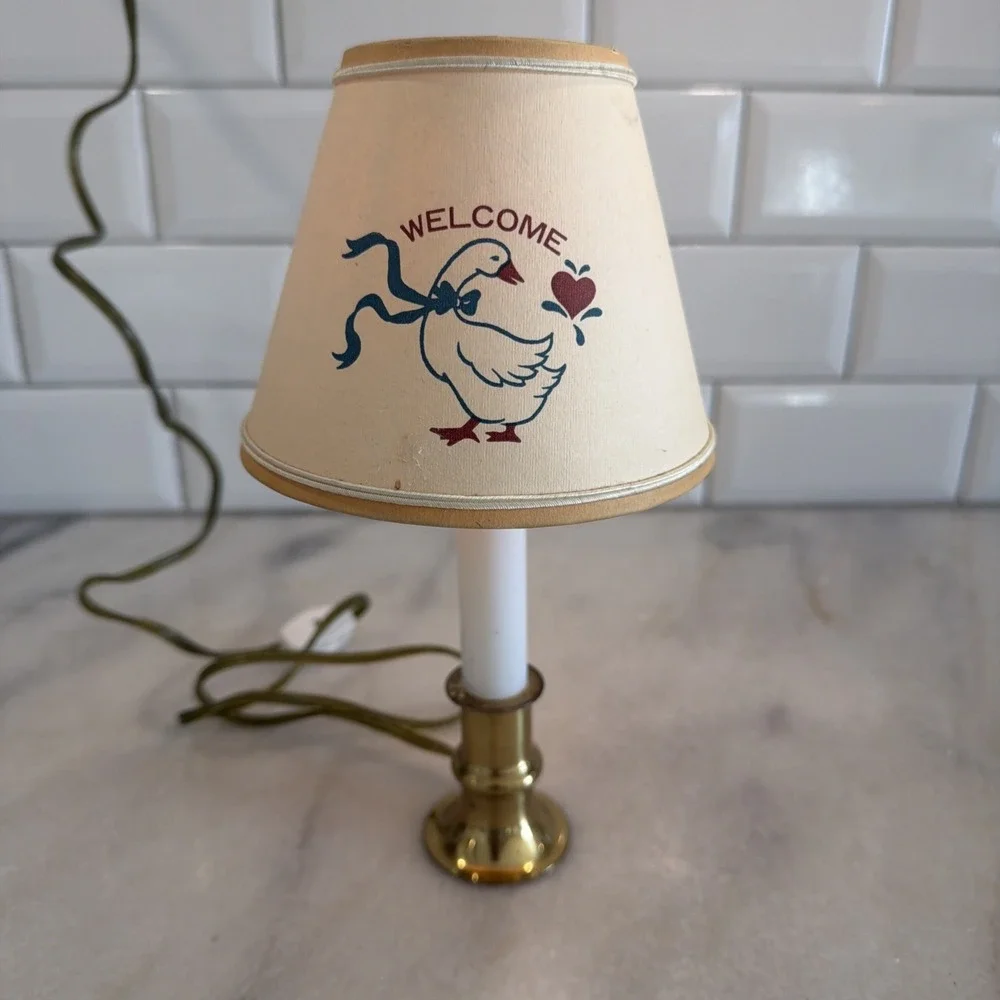 Vintage Adorable Brass Candlestick Light With Welcome Goose Shade